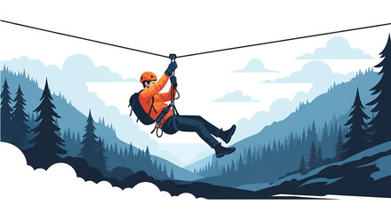 Young man ziplining across a deep forest valley, modern vector illustration highlighting speed, adrenaline, courage, and extreme outdoor adventure experience © meeblues