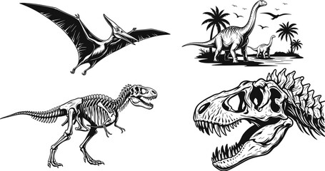 Hand Drawn Vector Set of Prehistoric Dinosaur Illustrations Including Pterodactyl, Sauropod Landscape, T-Rex Skeleton and Fossil Skull Sketch © Saila