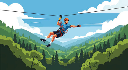 Young man ziplining across a deep forest valley, modern vector illustration highlighting speed, adrenaline, courage, and extreme outdoor adventure experience © meeblues