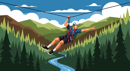 Young man ziplining across a deep forest valley, modern vector illustration highlighting speed, adrenaline, courage, and extreme outdoor adventure experience © meeblues