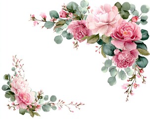 Fototapeta premium Watercolor floral arrangement with pink blooms, greenery, and white background, perfect for a frame