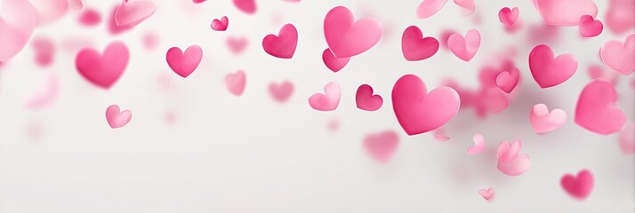 Obraz premium Floating pink hearts cascade down on a white backdrop, creating a romantic, dreamy scene