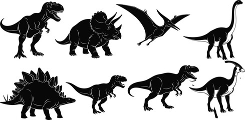 Set of Black Dinosaur Silhouettes Vector Illustration Featuring T-Rex Triceratops Stegosaurus and Pterodactyl for Prehistoric Design Projects © Saila