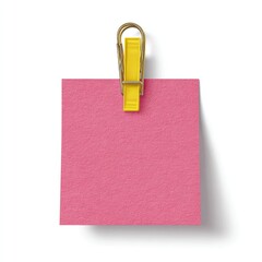 Pink square sticky note clipped by yellow plastic clip against white background with shadow