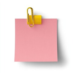 A pink square sticky note secured by a golden paper clip, casting a shadow on a white background