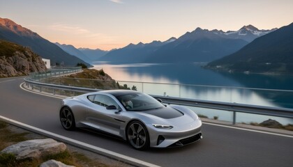 Naklejka premium Silver modern sports car driving on a scenic road along a lake surrounded by mountains at sunset. Luxury travel and high-performance vehicle concept.