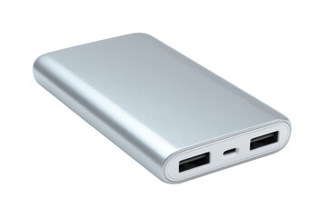Silver power bank with smooth metallic casing, visible charging ports, clean edges and a soft reflection gradient, minimal product detail, isolated on transparent background.