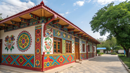 A building with colorful traditional patterns.
