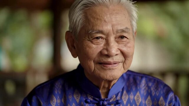 A dignified senior with a serene expression, bathed in the soft glow of natural light. The portrait reveals a moment of peaceful contemplation.