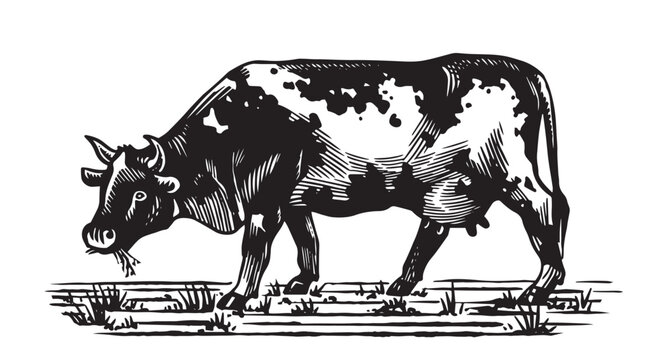 Hand drawn engraving of a holstein cow feeding in the grass standing in profile on a pasture. Milk and cheese cow breed for your farm and natural products