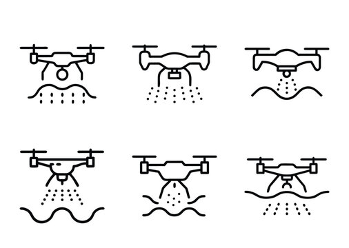 Illustrations of drones applying various liquids to different terrains or bodies of water