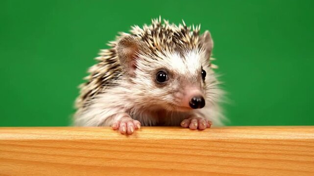 A charming hedgehog, with its distinct spiky coat and endearing expression, sits proudly on wooden structure, green background