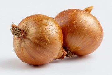 Two golden-brown onions, glistening with water droplets, rest on a white surface