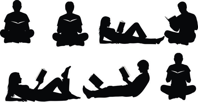 Silhouette set of diverse people reading books in various poses including sitting cross legged and lying down for relaxation and education