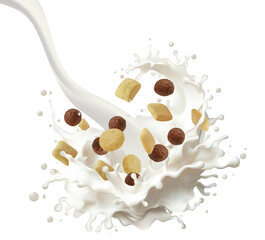 Delicious breakfast cereal balls and wheat squares falling into fresh milk splash isolated background dairy product and food advertisement morning healthy meal concept for packaging
