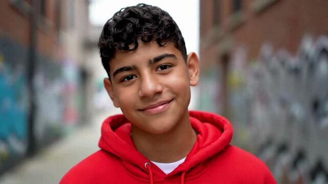 A young man stands confidently, his genuine smile radiating warmth against a backdrop of urban artwork, capturing a moment of candid, youthful vitality.