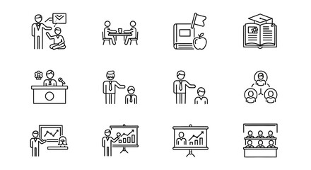 Fototapeta premium Line art icons representing various aspects of education and learning