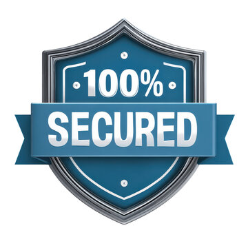 Blue shield security badge reading 100% SECURED with crisp typography, subtle bevel and shine for a trustworthy protection emblem, isolated on transparent background.