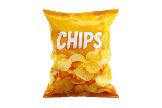 Glossy potato chips snack bag packaging with simple readable CHIPS branding, slight pouch crinkles and clean centered product styling with soft shadow, isolated on transparent background.