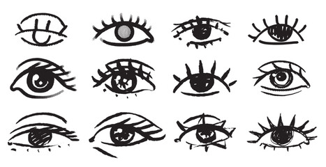 Obraz premium Beautiful collection of grunge women eyes for cosmetics, perfume and beauty designs. Feminism. Skin and face care elements. Brush made cute simple and colourful eyes.