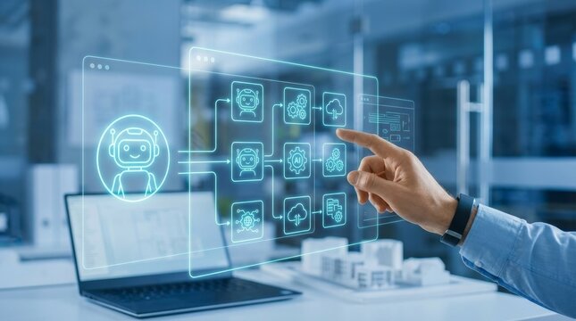 Hand Interacting with Futuristic Screen Displaying AI Technology Concepts