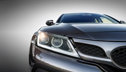 close up of a modern car s front end featuring a bright headlight and sleek body lines against a simple gray background automotive design highlight