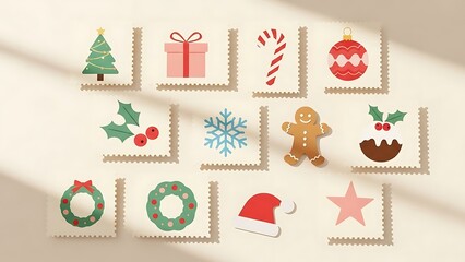 Obraz premium Festive illustrations, various decorative elements on stylized postage stamps, light background