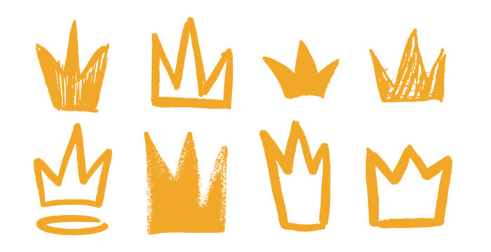 Grunge collection of cute crowns. Queen or princess symbol. Hand drawn brush made elements for feminism banner or women clothing 