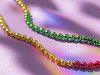 Obraz premium Close up of colorful metallic beads on iridescent purple fabric. Mardi Gras celebration concept. Festive jewelry and party background