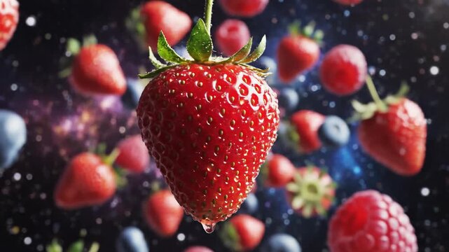 Close-up of a strawberry suspended in space, surrounded by floating berries and cosmic background.