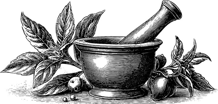 Vintage botanical apothecary mortar and pestle engraving for herbal design