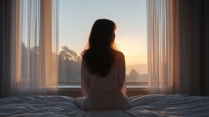 Fototapeta premium Graceful Silhouette of a Woman Sitting on Bed Against a Sunrise Backdrop with Soft Curtain Drapes
