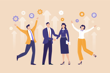 Business Growth Celebration. Business people celebrate success and achievements together, symbolizing growth, teamwork, and positive results of shared effort.