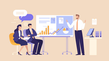 Business Presentation
Concept: A man gives a presentation to colleagues, explaining ideas and data, symbolizing communication, leadership, and professional knowledge sharing.