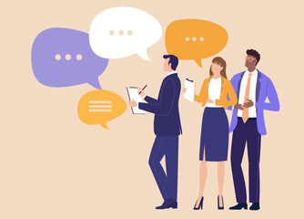 Business people with lots of questions, people surrounded by speech bubbles