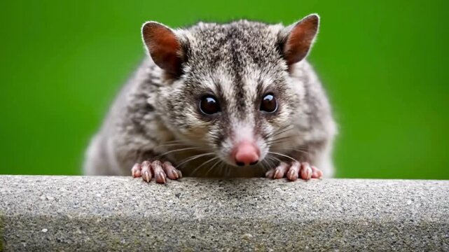 A close-up view of an Australian Ringtail Possum resting on a stone surface, the image focuses on the animal's expressive eyes, soft fur, and natural curiosity.