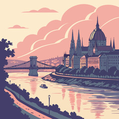 City Sunset Landscape with River Reflection - Vivid Evening