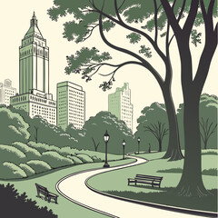 Modern City Park Landscape with Paths and Skyscraper View