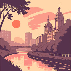 City Sunset Landscape with River Reflection - Warm Colors