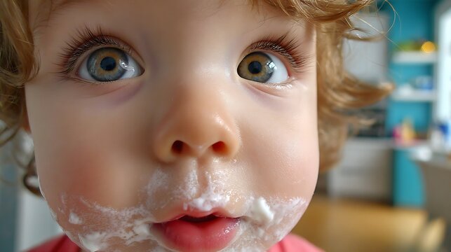 Toddler girl with whipped cream face close-up portrait happy playful child messy eating fun kitchen lifestyle