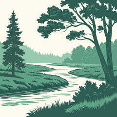 Obraz premium Flat Vector River Landscape with Green Banks and Trees