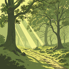 Forest Landscape with Sunlight Rays Through Majestic Trees