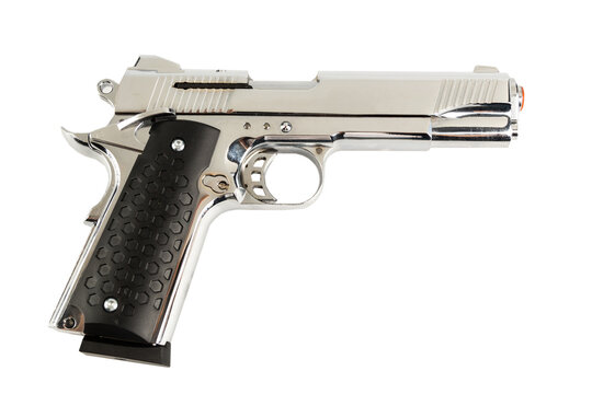 A realistic chrome-finished M1911 airsoft pistol featuring a protective orange tip, designed for tactical sports, competitive shooting, and military simulations.