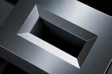 Abstract geometric form of a metallic hollow rectangular prism, with sharp edges and brushed metal texture, creating a modern and minimalist visual.