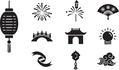 Chinese New Year festival icons set with lanterns fireworks and traditional elements © Ratan