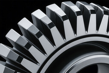 Macro view of a metallic cogwheel with precisely cut teeth, showcasing intricate mechanical detail and industrial precision against a dark background.