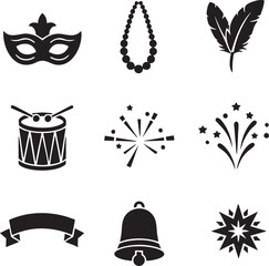 Naklejka premium Carnival party icons set with mask feather and bell