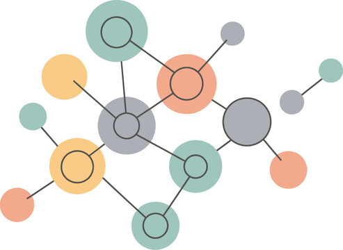 Molecular structure diagram with colorful nodes and connections isolated on transparent background