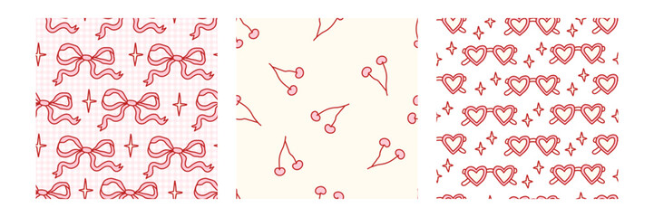 Coquette seamless pattern set featuring playful designs of bows, cherries, heart-shaped glasses, stars in soft pastel colors. Perfect for feminine, trendy, and whimsical designs on various products.