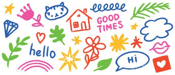 Fototapeta premium Grunge crayon kids scribble elements. Hand drawn colourful doodles with house, cat, cloud and flower. Cute social media icons for banners and posters. Heart and stars.
